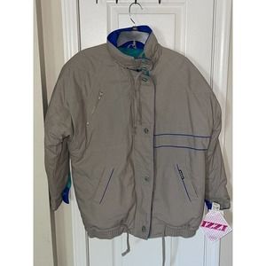 Women’s IZZI Medium‎ Tan w/ Blue & Green Coat Parka Full Zip With Toggle Buttons